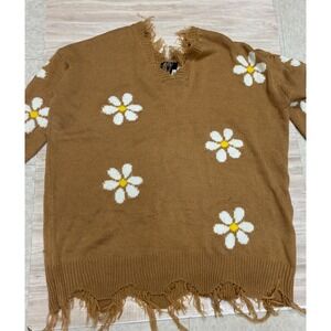 Just Polly New York Distressed Daisy Floral Knit Sweater Brown V-Neck Large